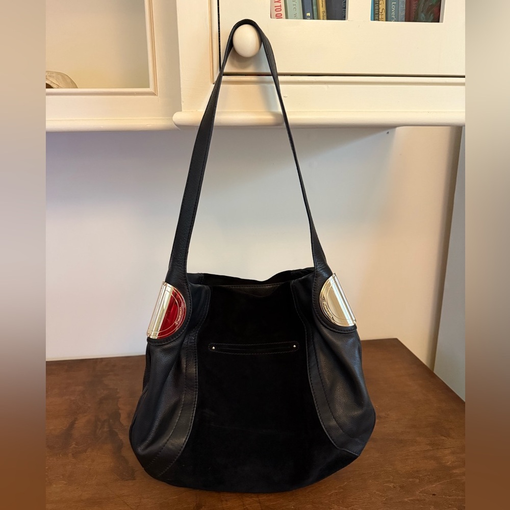 Bruce Makowsky Black Leather Suede Hobo Shoulder Bag Gold Hardware